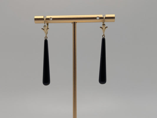 14K Yellow Gold Black Onyx Drop Dangle Earrings Teardrop Onyx Earrings.