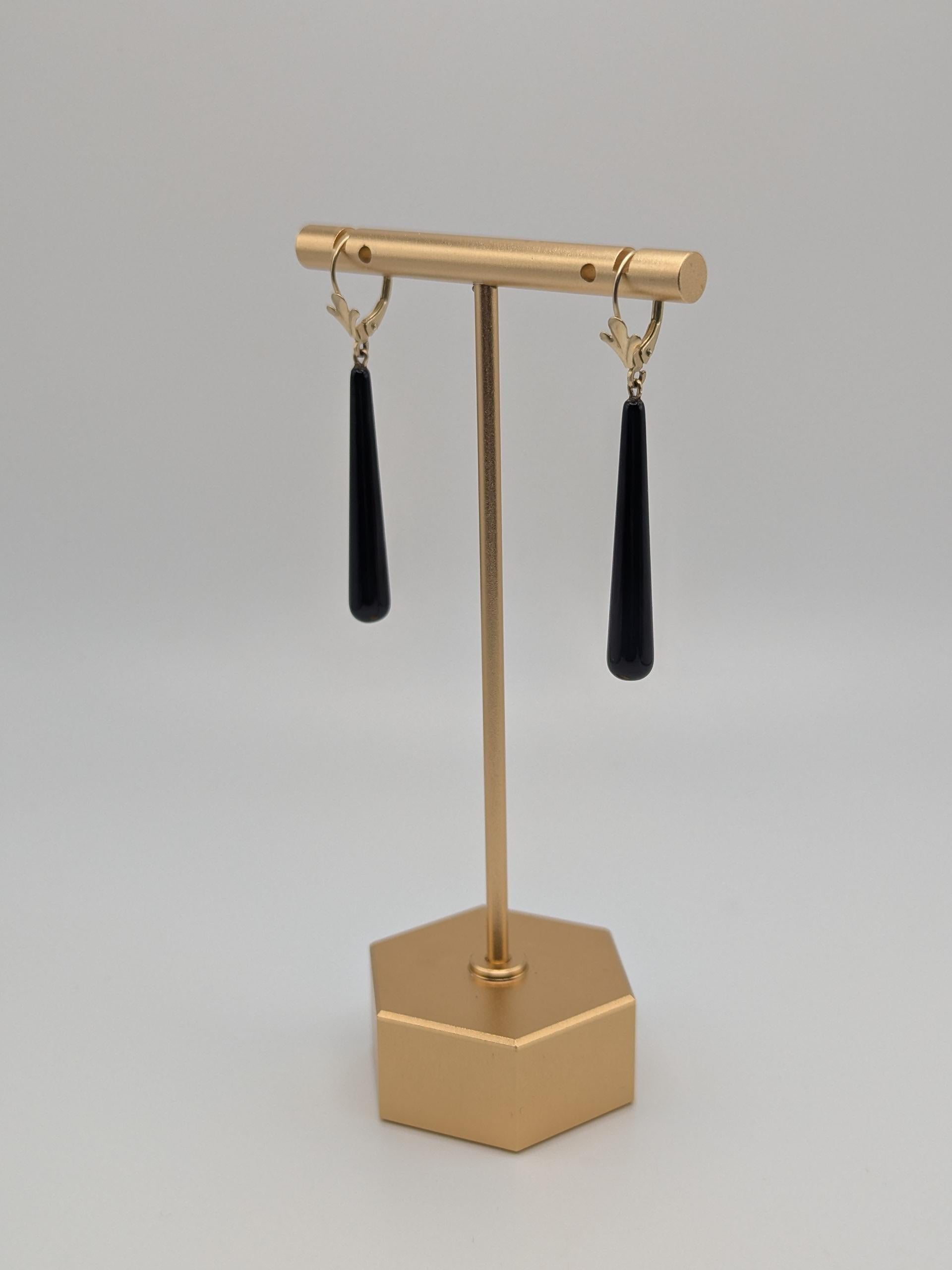 14K Yellow Gold Black Onyx Drop Dangle Earrings Teardrop Onyx Earrings.