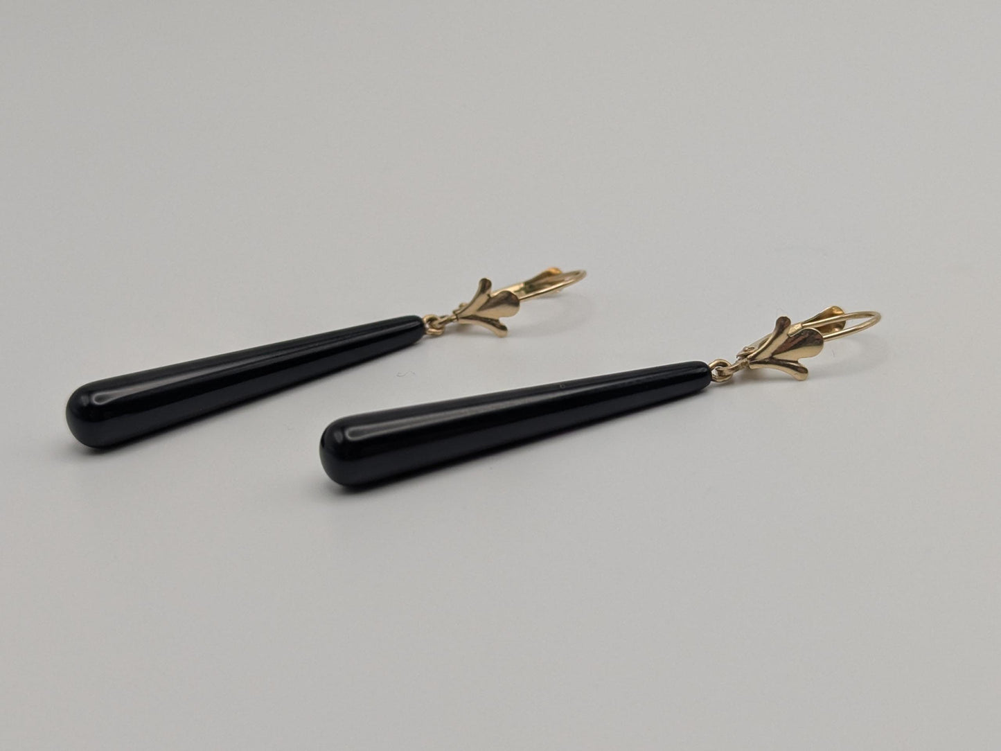 14K Yellow Gold Black Onyx Drop Dangle Earrings Teardrop Onyx Earrings.