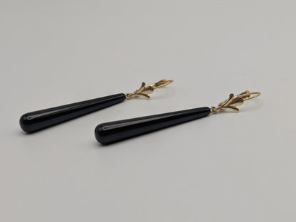 14K Yellow Gold Black Onyx Drop Dangle Earrings Teardrop Onyx Earrings.