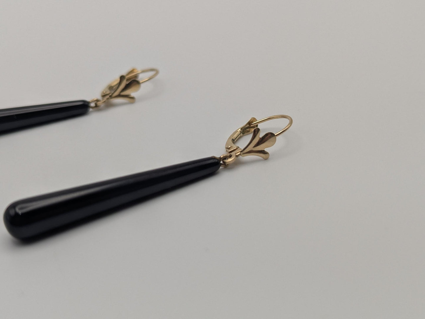 14K Yellow Gold Black Onyx Drop Dangle Earrings Teardrop Onyx Earrings.