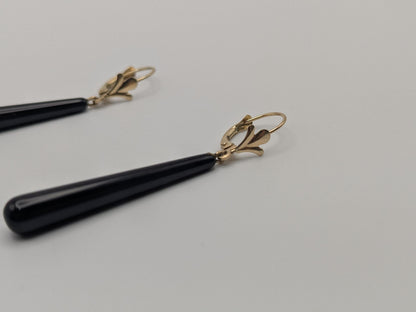 14K Yellow Gold Black Onyx Drop Dangle Earrings Teardrop Onyx Earrings.