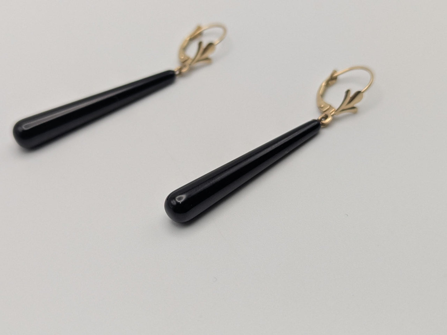 14K Yellow Gold Black Onyx Drop Dangle Earrings Teardrop Onyx Earrings.