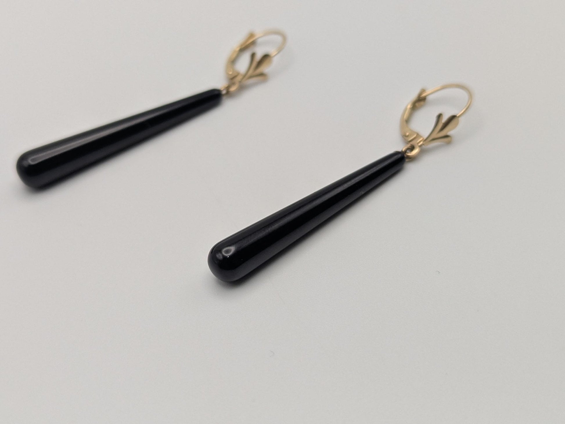 14K Yellow Gold Black Onyx Drop Dangle Earrings Teardrop Onyx Earrings.