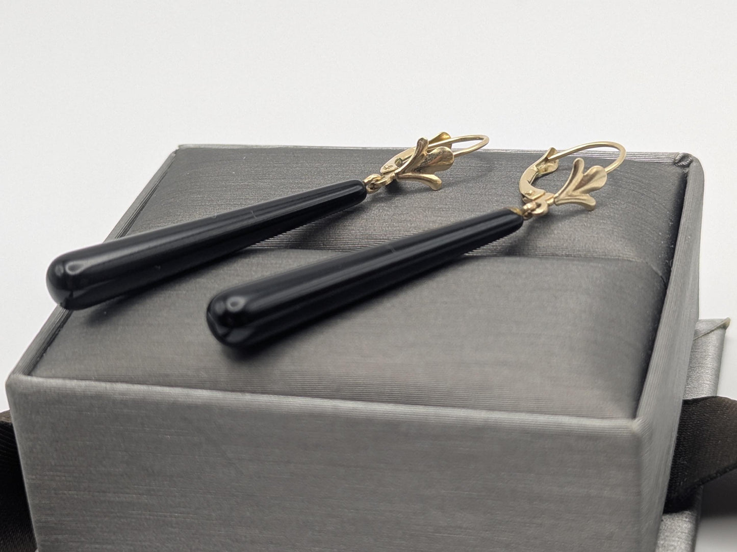 14K Yellow Gold Black Onyx Drop Dangle Earrings Teardrop Onyx Earrings.