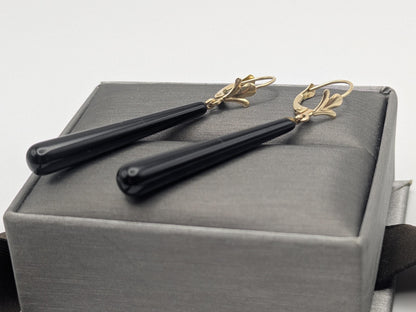 14K Yellow Gold Black Onyx Drop Dangle Earrings Teardrop Onyx Earrings.
