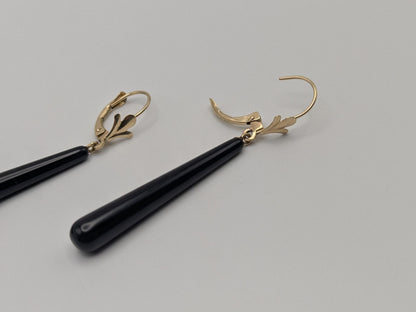 14K Yellow Gold Black Onyx Drop Dangle Earrings Teardrop Onyx Earrings.