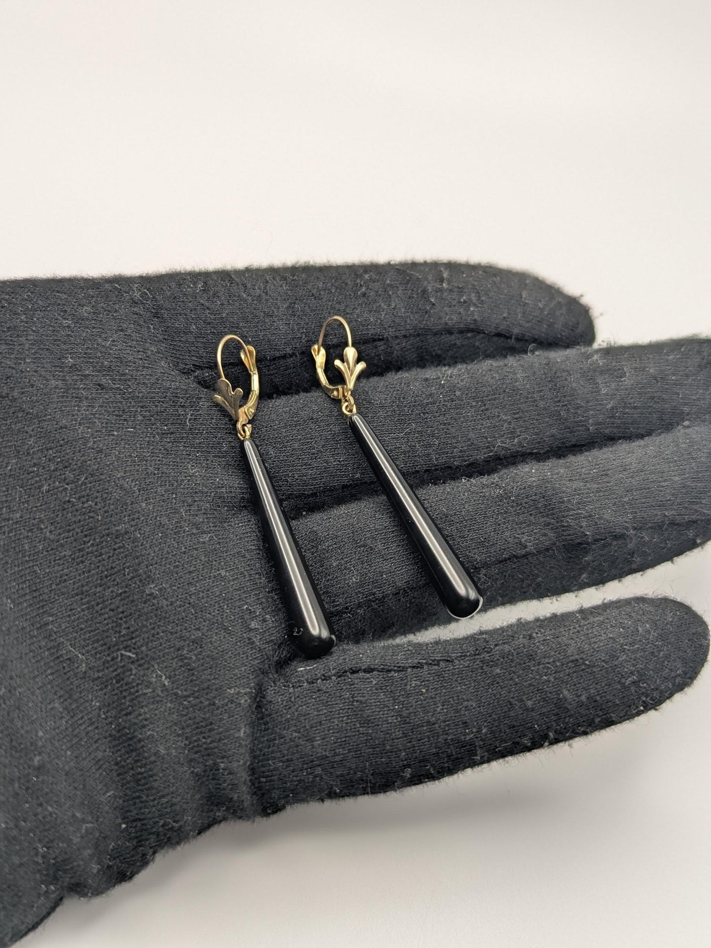 14K Yellow Gold Black Onyx Drop Dangle Earrings Teardrop Onyx Earrings.