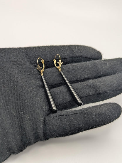 14K Yellow Gold Black Onyx Drop Dangle Earrings Teardrop Onyx Earrings.
