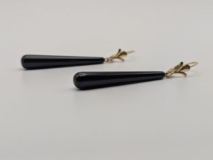 14K Yellow Gold Black Onyx Drop Dangle Earrings Teardrop Onyx Earrings.