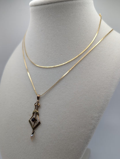 14K Yellow Gold Vintage Lavalier Pendant with Garnet and Seed Pearl Necklace