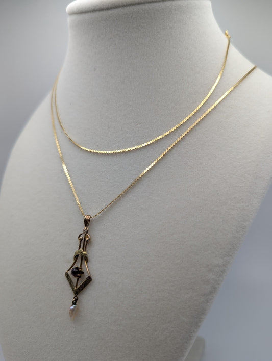 14K Yellow Gold Vintage Lavalier Pendant with Garnet and Seed Pearl Necklace