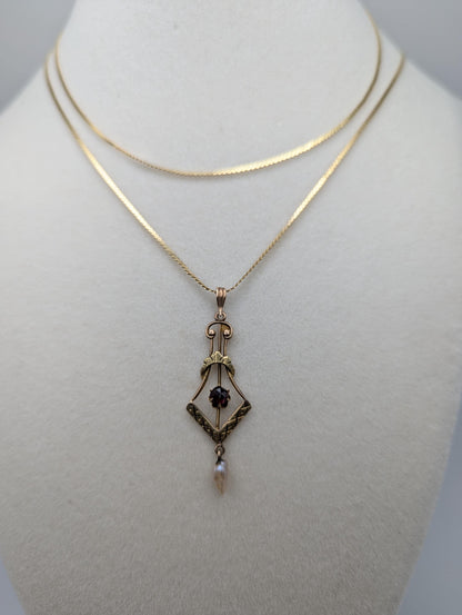 14K Yellow Gold Vintage Lavalier Pendant with Garnet and Seed Pearl Necklace