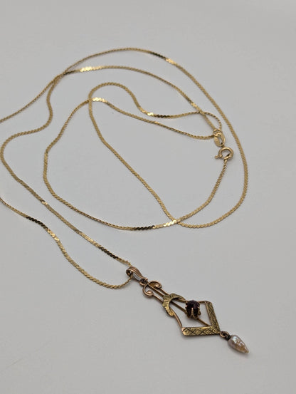 14K Yellow Gold Vintage Lavalier Pendant with Garnet and Seed Pearl Necklace