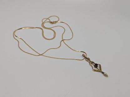14K Yellow Gold Vintage Lavalier Pendant with Garnet and Seed Pearl Necklace