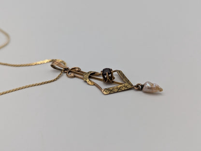 14K Yellow Gold Vintage Lavalier Pendant with Garnet and Seed Pearl Necklace