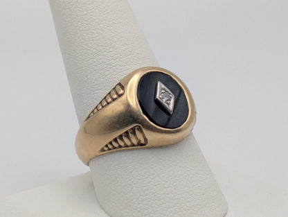 10k HEAVY 11gr Vintage Oval Black Onyx Diamond Wedding Ring Statement Ring Band