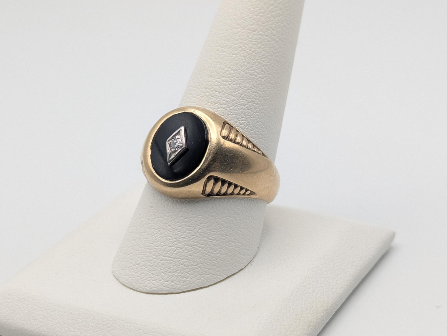 10k HEAVY 11gr Vintage Oval Black Onyx Diamond Wedding Ring Statement Ring Band