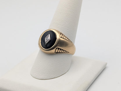 10k HEAVY 11gr Vintage Oval Black Onyx Diamond Wedding Ring Statement Ring Band