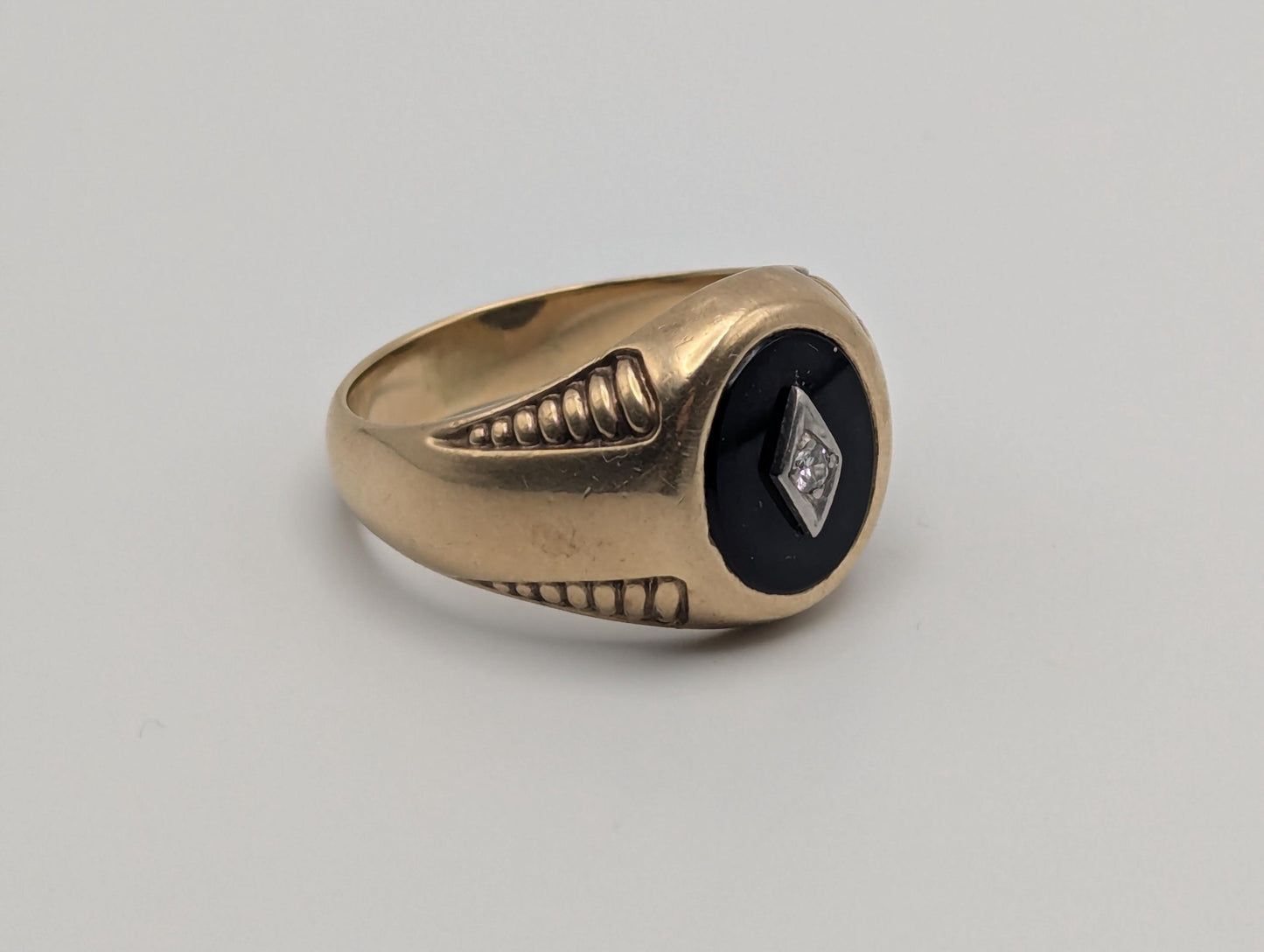 10k HEAVY 11gr Vintage Oval Black Onyx Diamond Wedding Ring Statement Ring Band