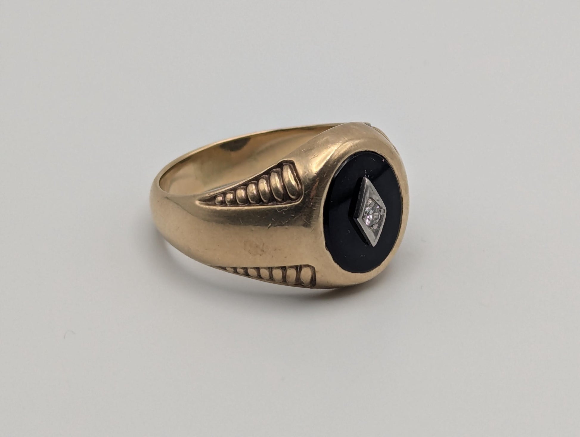10k HEAVY 11gr Vintage Oval Black Onyx Diamond Wedding Ring Statement Ring Band