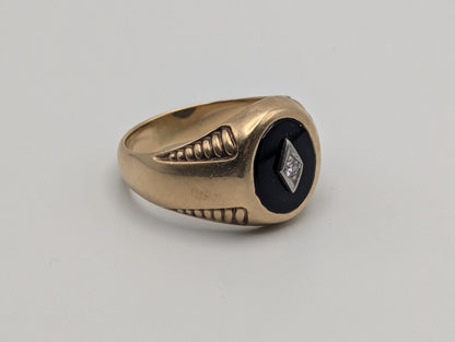 10k HEAVY 11gr Vintage Oval Black Onyx Diamond Wedding Ring Statement Ring Band