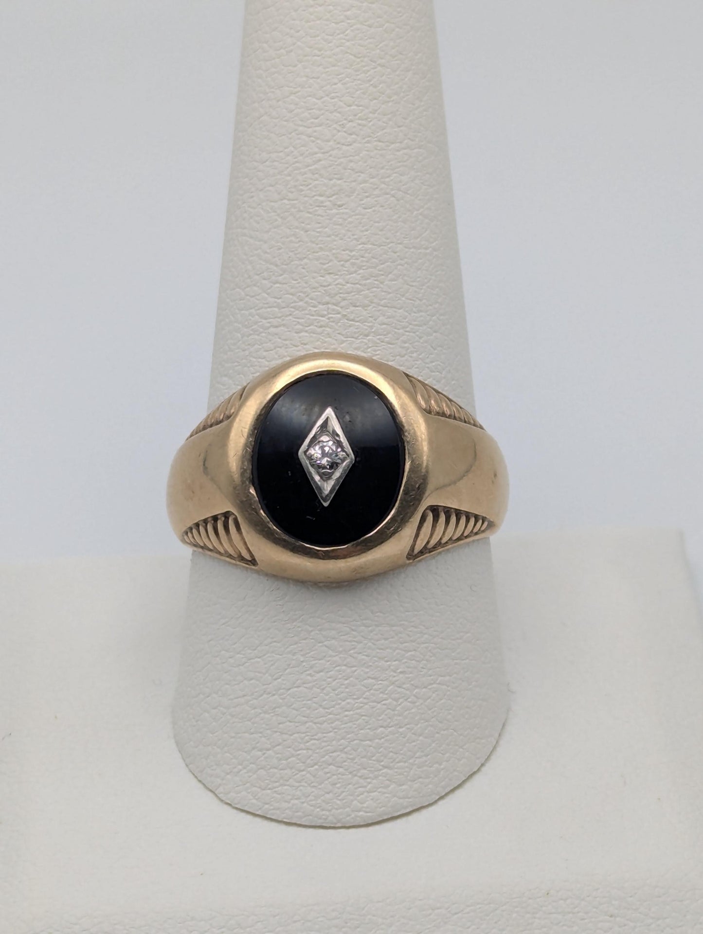 10k HEAVY 11gr Vintage Oval Black Onyx Diamond Wedding Ring Statement Ring Band