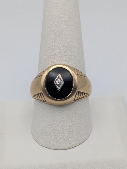 10k HEAVY 11gr Vintage Oval Black Onyx Diamond Wedding Ring Statement Ring Band