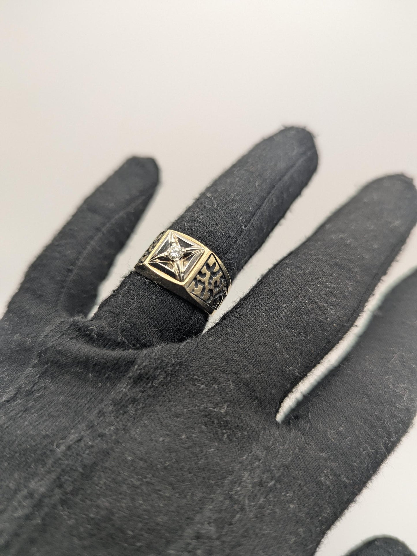 14k HEAVY Two-Tone  Gold 8.3gr Diamond Filigree Solitaire Ring Mens Wedding Ring