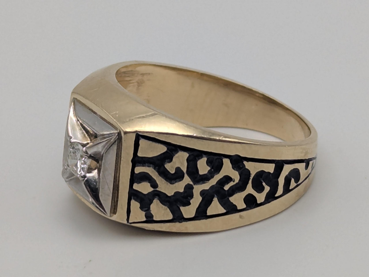 14k HEAVY Two-Tone  Gold 8.3gr Diamond Filigree Solitaire Ring Mens Wedding Ring