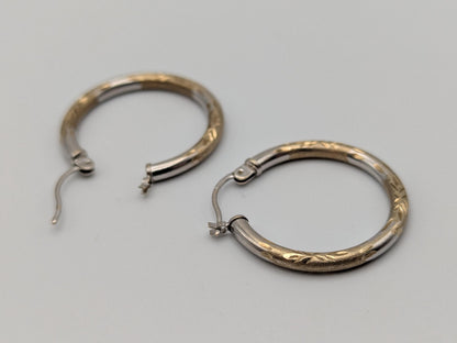 14k Large Vintage Gold Classic Etched Textured Hoop Earrings Gold Hoops Hinged