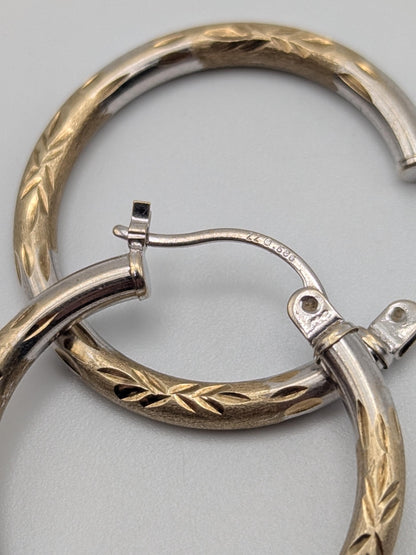 14k Large Vintage Gold Classic Etched Textured Hoop Earrings Gold Hoops Hinged