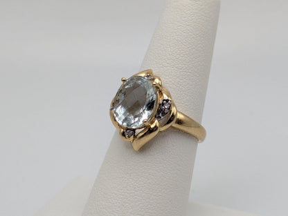 14k Solid Gold Aquamarine Diamond Cocktail Statement Ring Wedding Oval Ring.