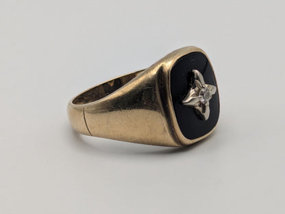 14k Vintage Heavy Black Onyx Diamond Ring Statement Ring Signet Ring