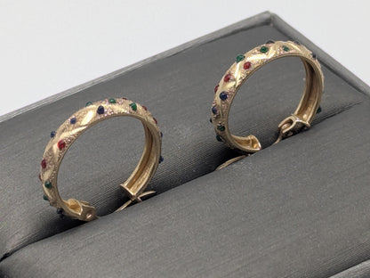 14k Vintage Yellow Gold Quilted Textured Multi-Gem Hoop Earrings Gold Hoops