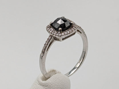 14k White Gold Black Cushion Diamond 1ct Halo Engagement Ring  Diamond White