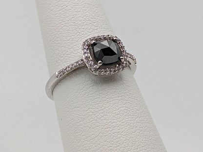 14k White Gold Black Cushion Diamond 1ct Halo Engagement Ring  Diamond White
