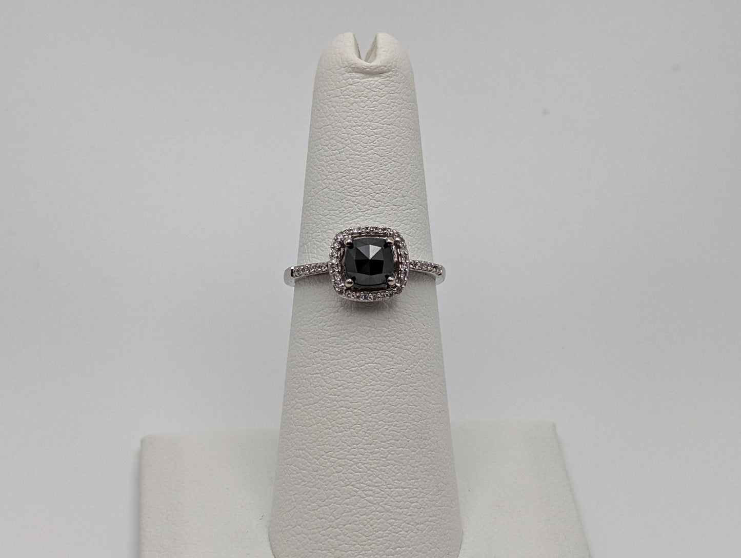 14k White Gold Black Cushion Diamond 1ct Halo Engagement Ring  Diamond White