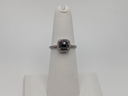 14k White Gold Black Cushion Diamond 1ct Halo Engagement Ring  Diamond White