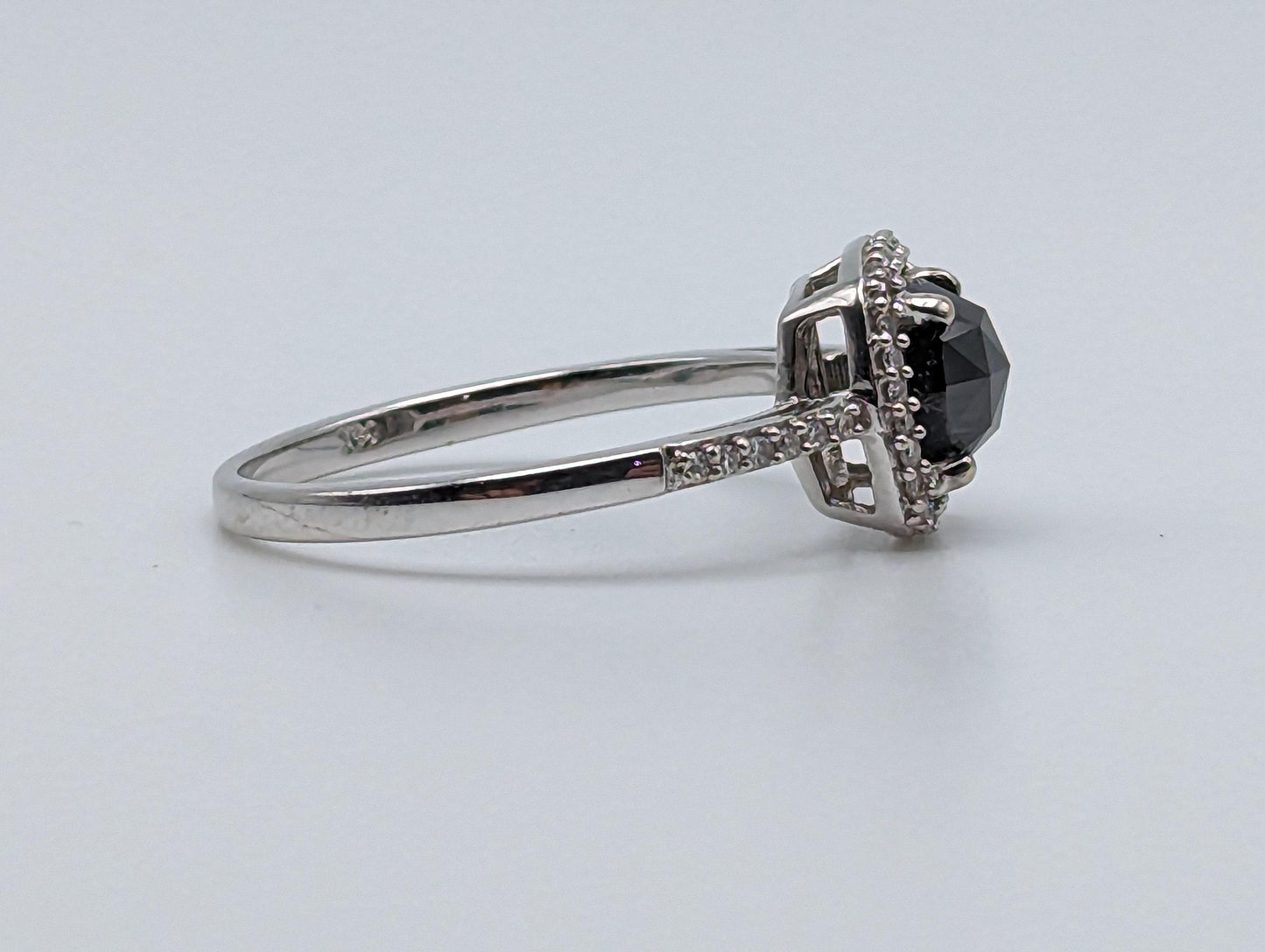 14k White Gold Black Cushion Diamond 1ct Halo Engagement Ring  Diamond White