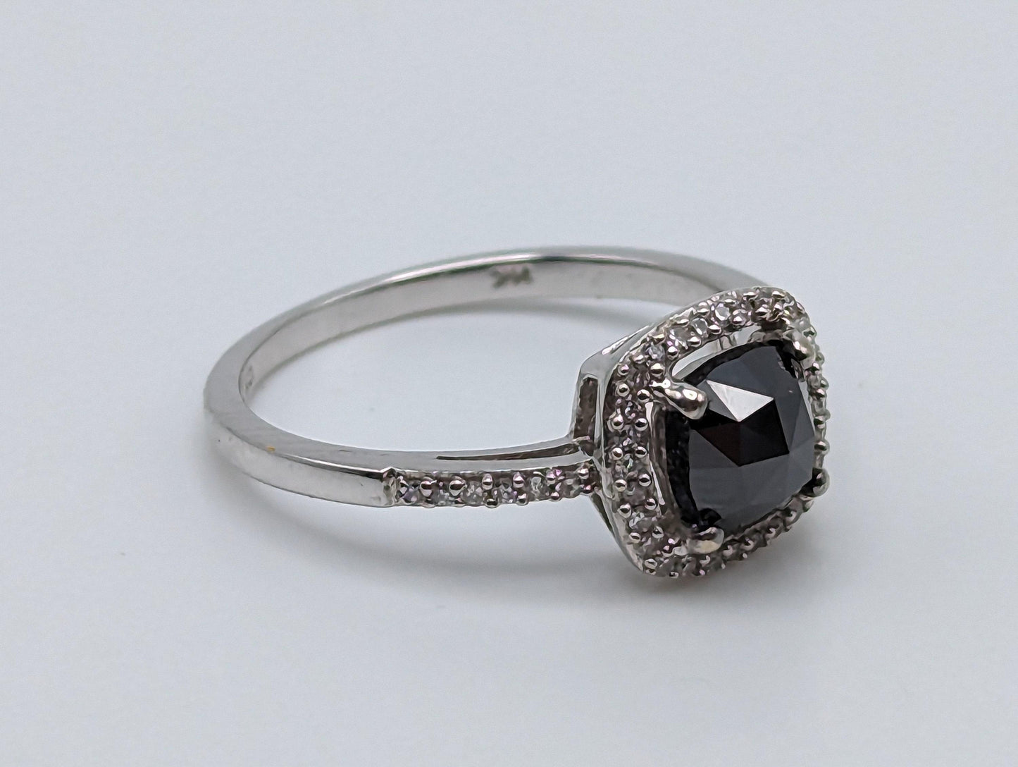 14k White Gold Black Cushion Diamond 1ct Halo Engagement Ring  Diamond White