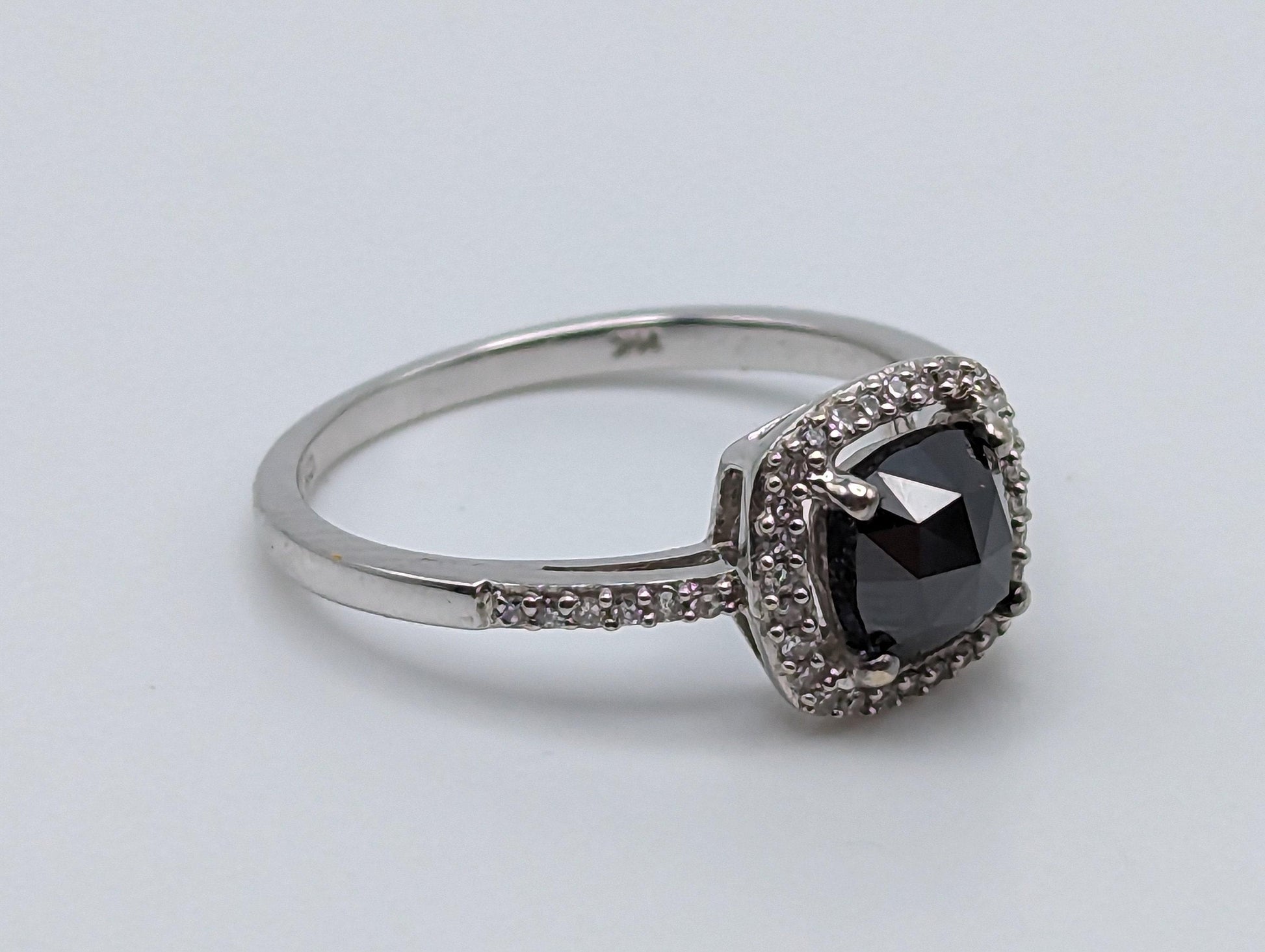 14k White Gold Black Cushion Diamond 1ct Halo Engagement Ring  Diamond White