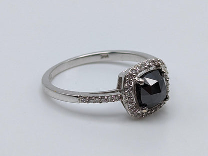 14k White Gold Black Cushion Diamond 1ct Halo Engagement Ring  Diamond White