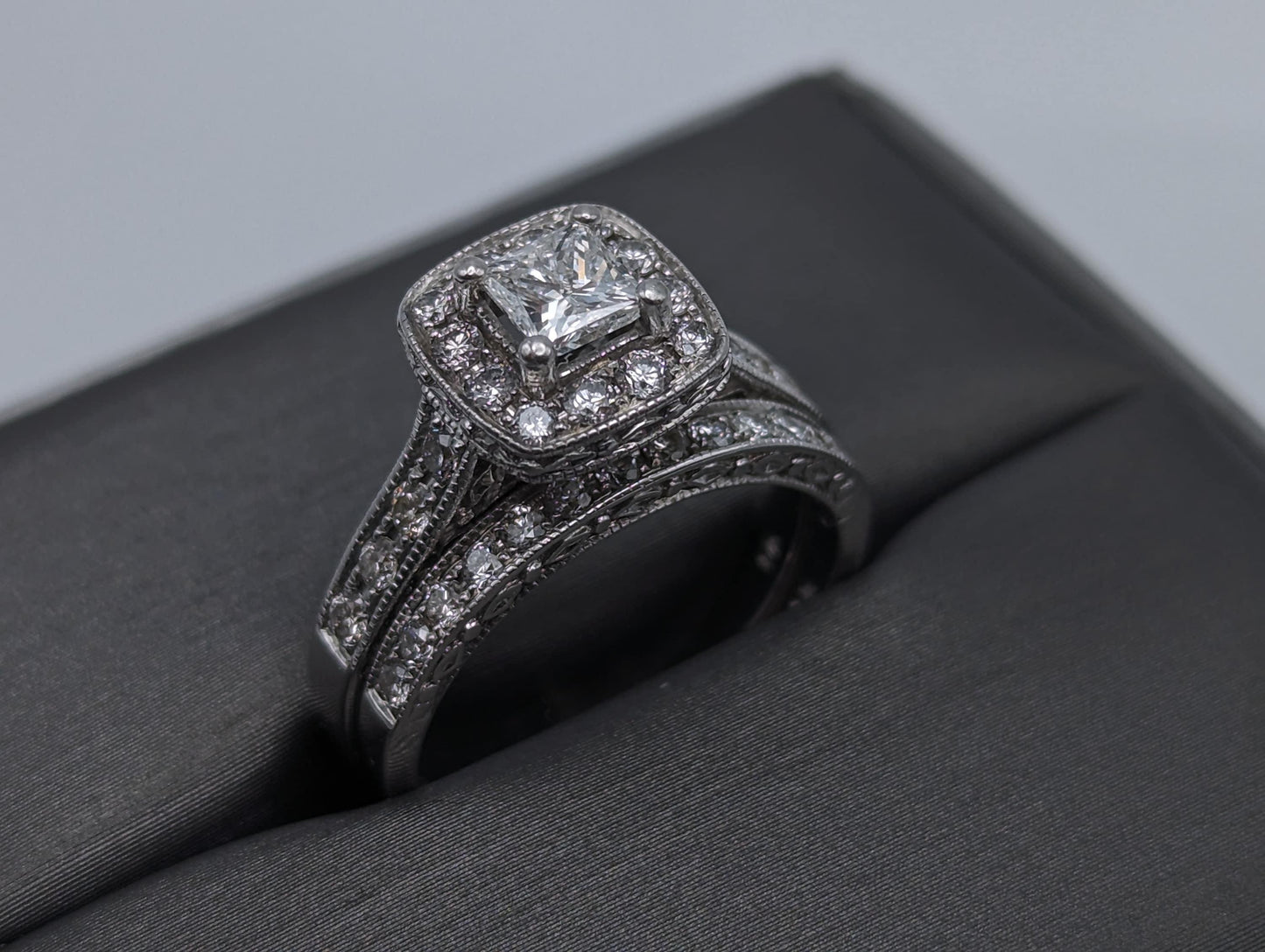 14k White Gold Diamond Wedding Set 1.45ctw Diamond w/Appraisal. 14k Princess
