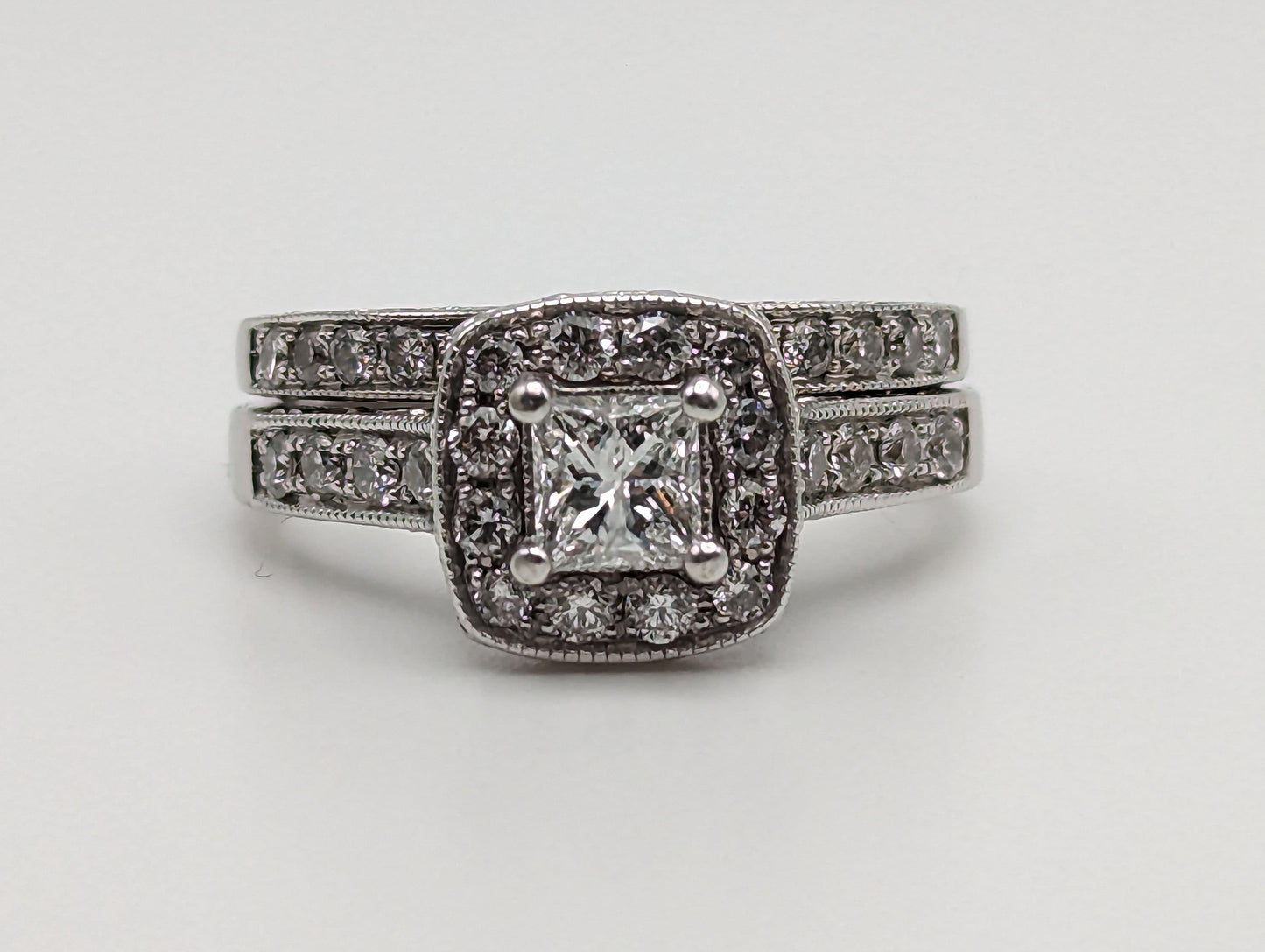 14k White Gold Diamond Wedding Set 1.45ctw Diamond w/Appraisal. 14k Princess