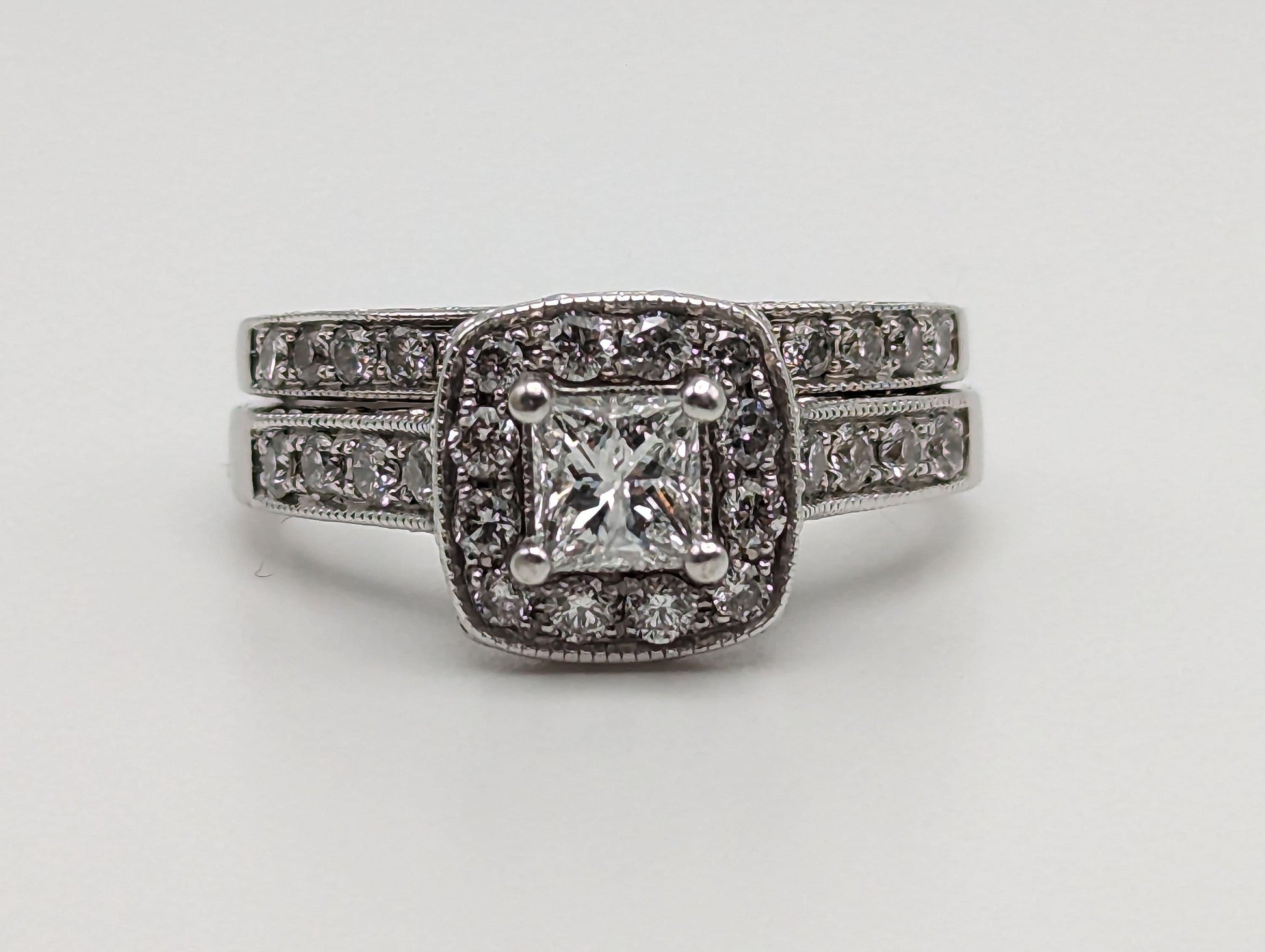 14k White Gold Diamond Wedding Set 1.45ctw Diamond w/Appraisal. 14k Princess
