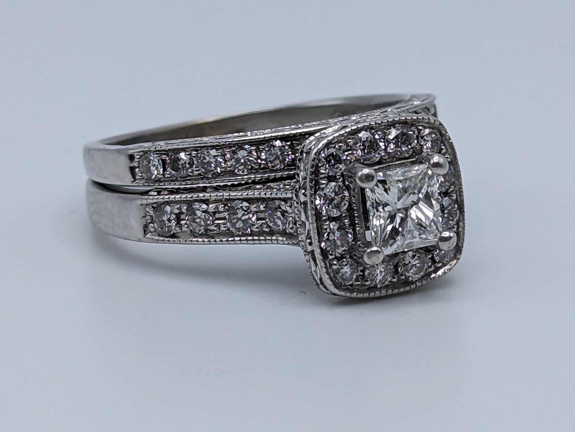 14k White Gold Diamond Wedding Set 1.45ctw Diamond w/Appraisal. 14k Princess