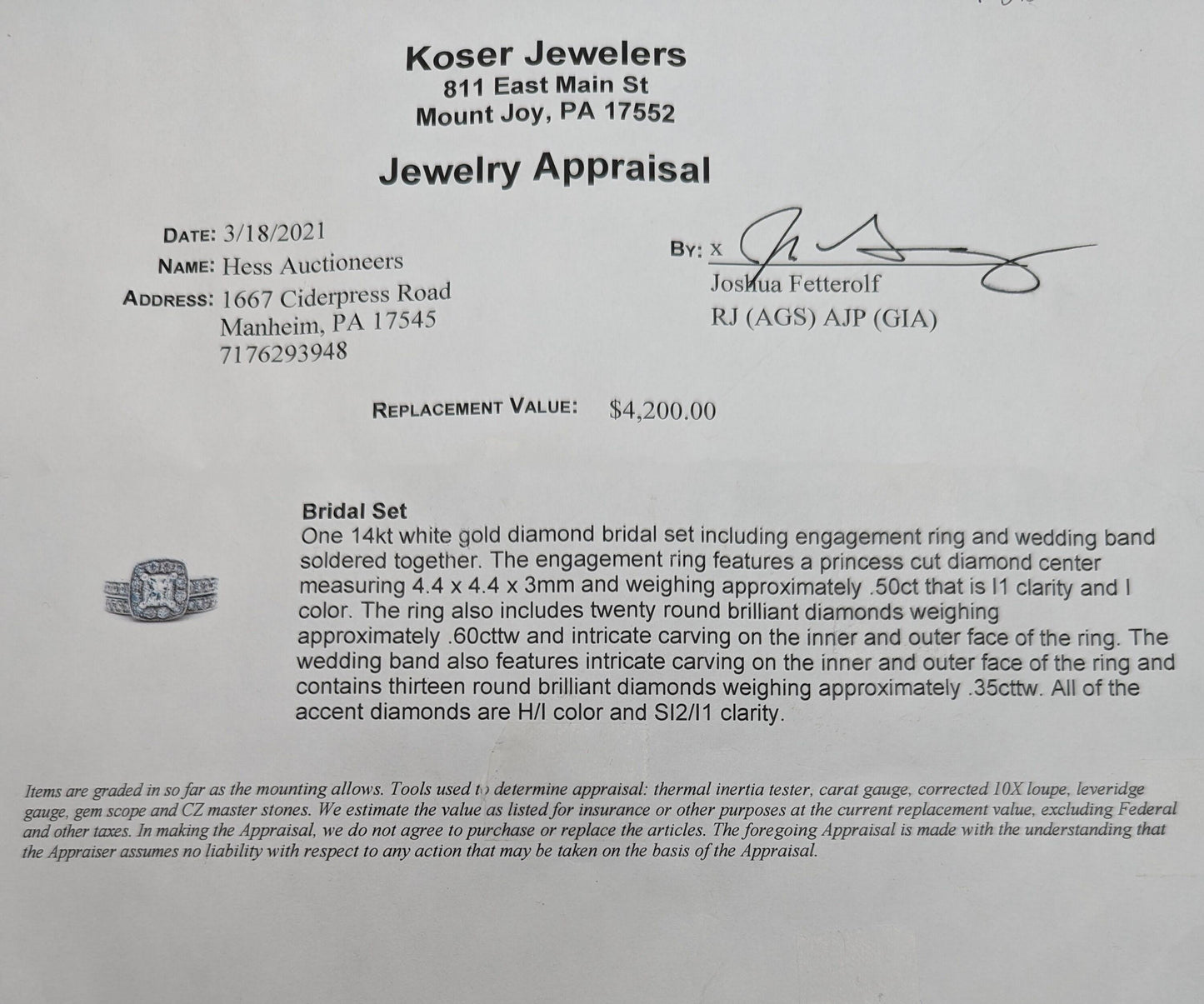 14k White Gold Diamond Wedding Set 1.45ctw Diamond w/Appraisal. 14k Princess
