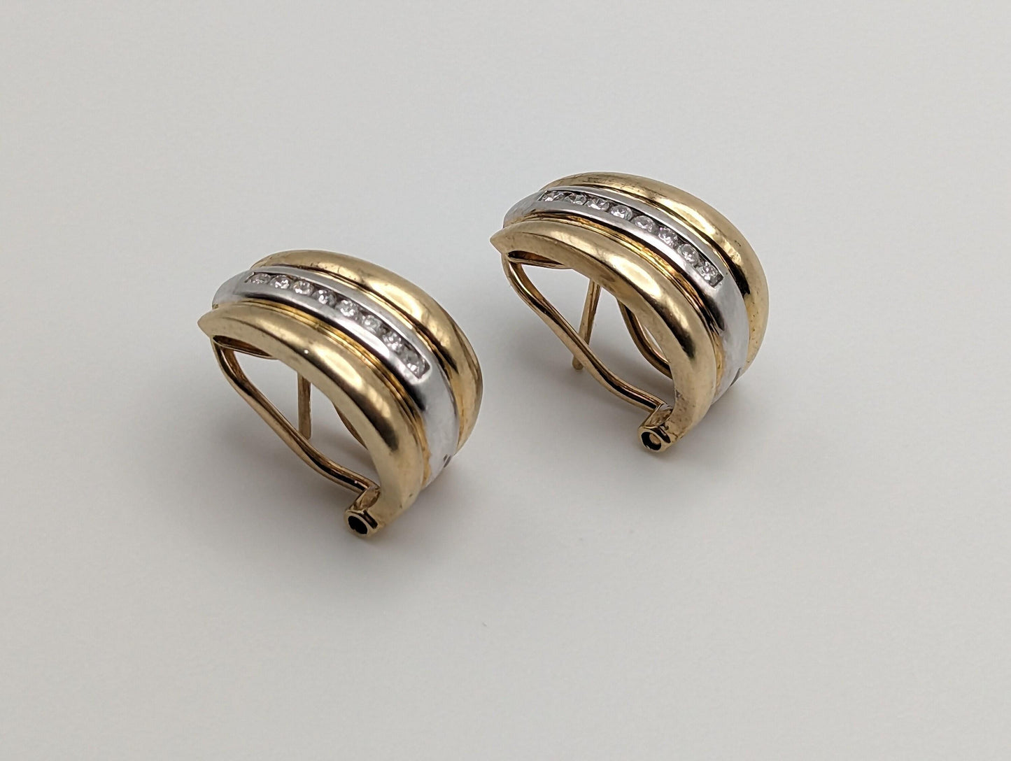 14k White and Yellow Gold Diamond Huggie Earrings 6.5 Gram, 14k Multi Color