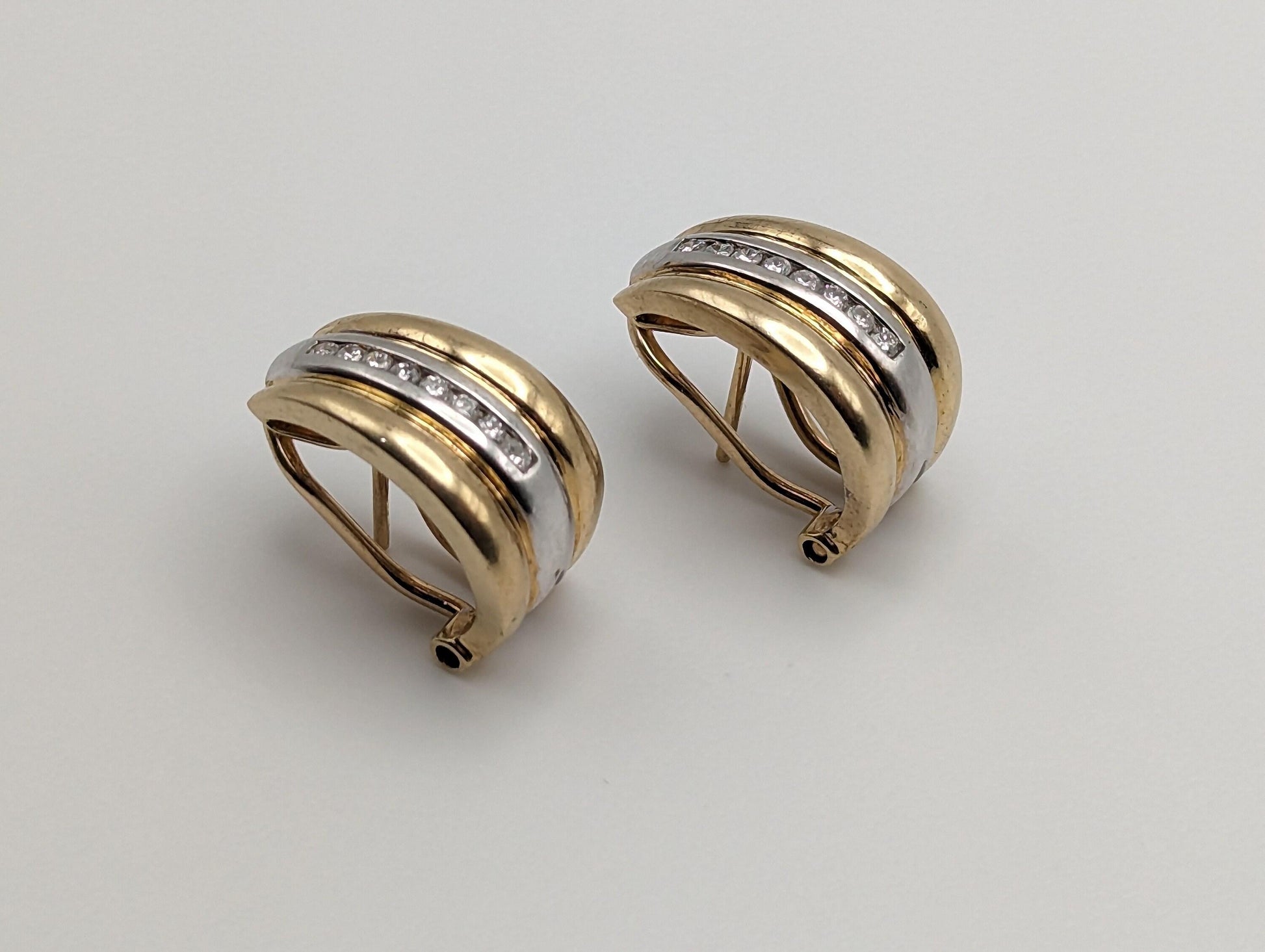 14k White and Yellow Gold Diamond Huggie Earrings 6.5 Gram, 14k Multi Color